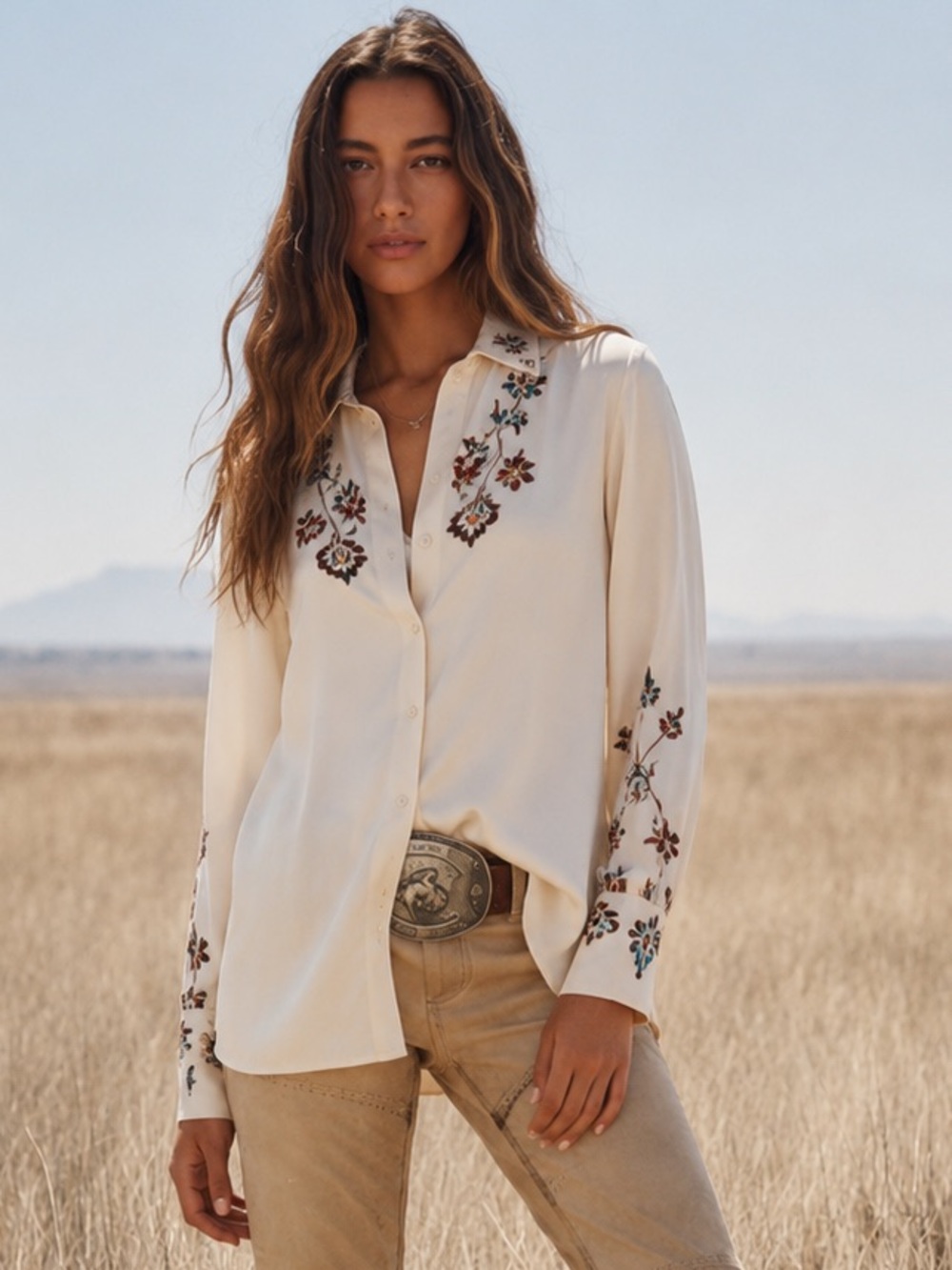 100% Silk Diane von Furstenberg Vine Embroidered Button Down Blouse in Cream